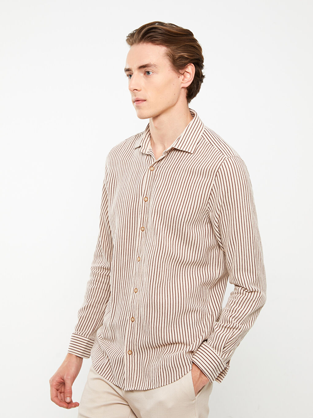 Kahverengi Regular Fit Uzun Kollu Çizgili Erkek Gömlek-1
