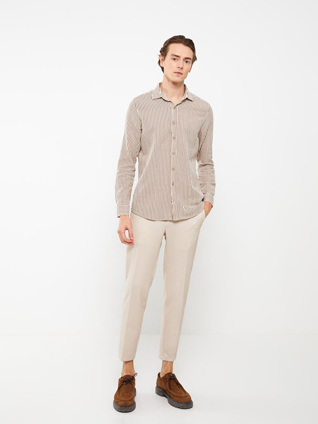 Kahverengi Regular Fit Uzun Kollu Çizgili Erkek Gömlek-2