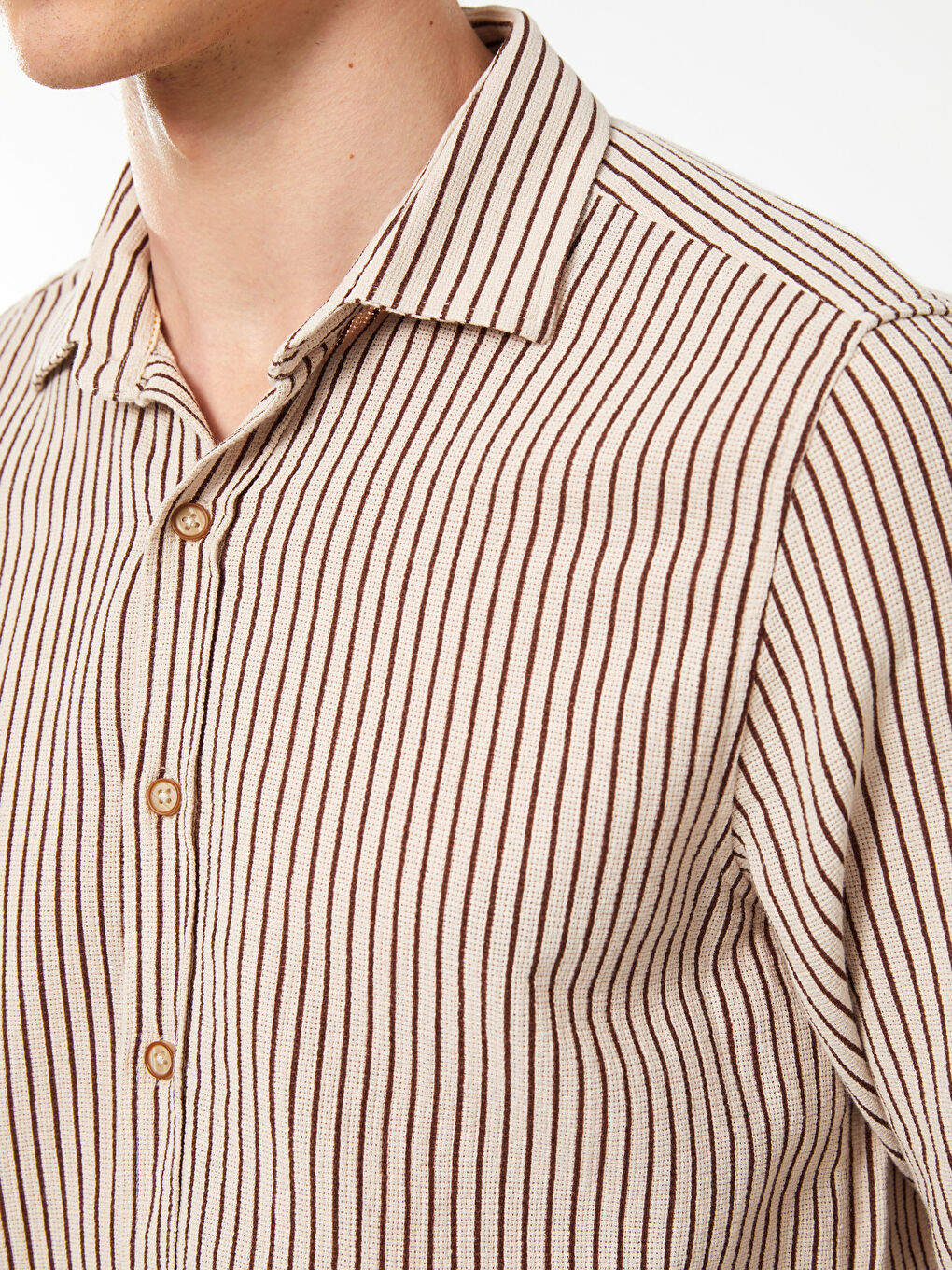 Kahverengi Regular Fit Uzun Kollu Çizgili Erkek Gömlek-3
