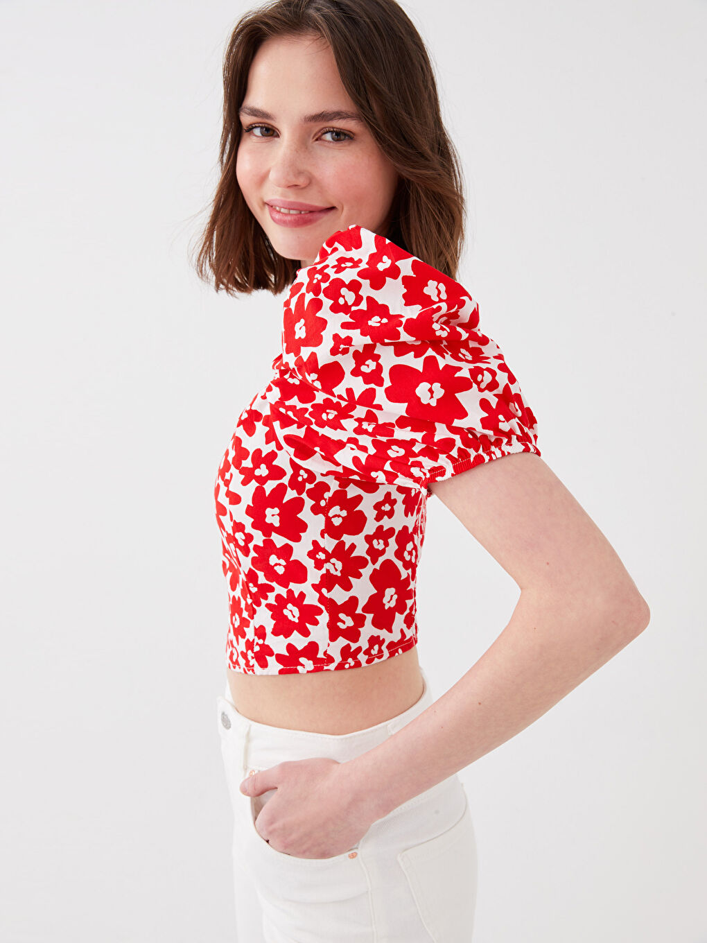 Kırmızı Kare Yaka Çiçekli Balon Kollu Crop Kadın Bluz