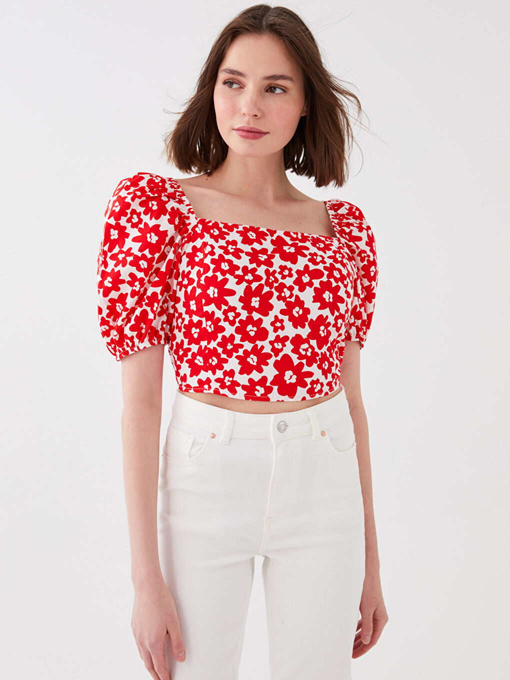 Kırmızı Kare Yaka Çiçekli Balon Kollu Crop Kadın Bluz-1
