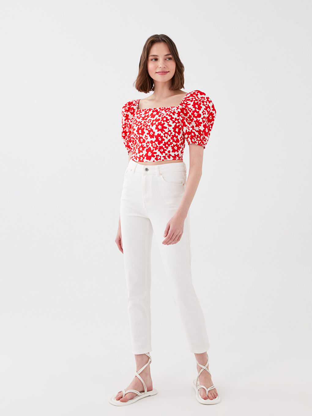 Kırmızı Kare Yaka Çiçekli Balon Kollu Crop Kadın Bluz-2