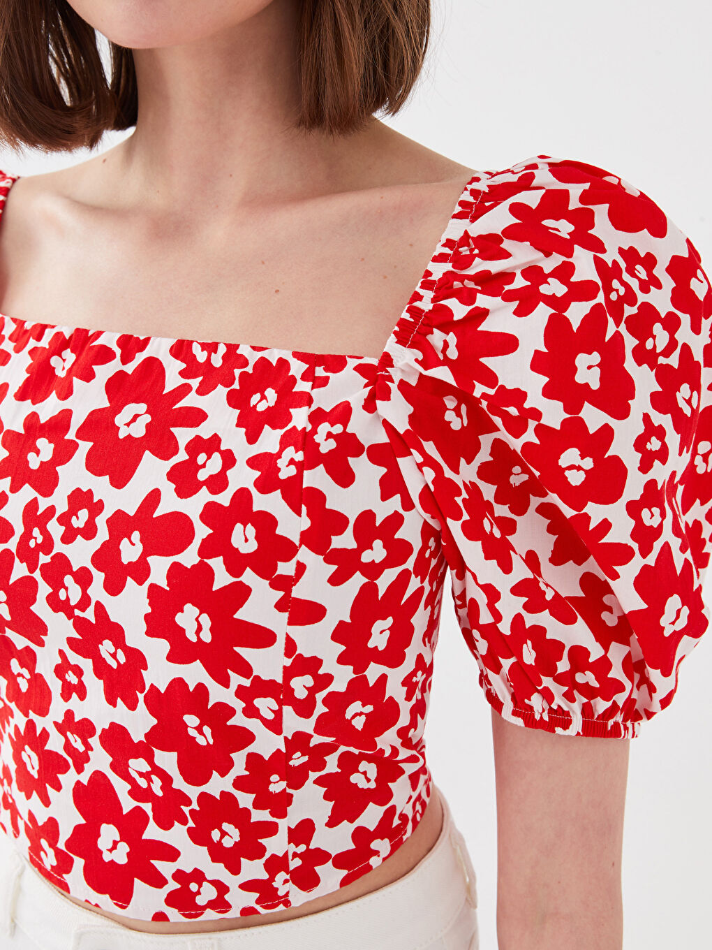 Kırmızı Kare Yaka Çiçekli Balon Kollu Crop Kadın Bluz-3