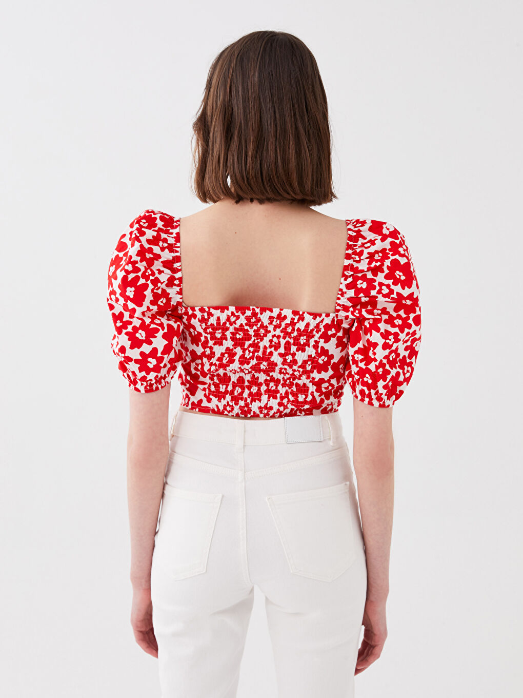 Kırmızı Kare Yaka Çiçekli Balon Kollu Crop Kadın Bluz-4