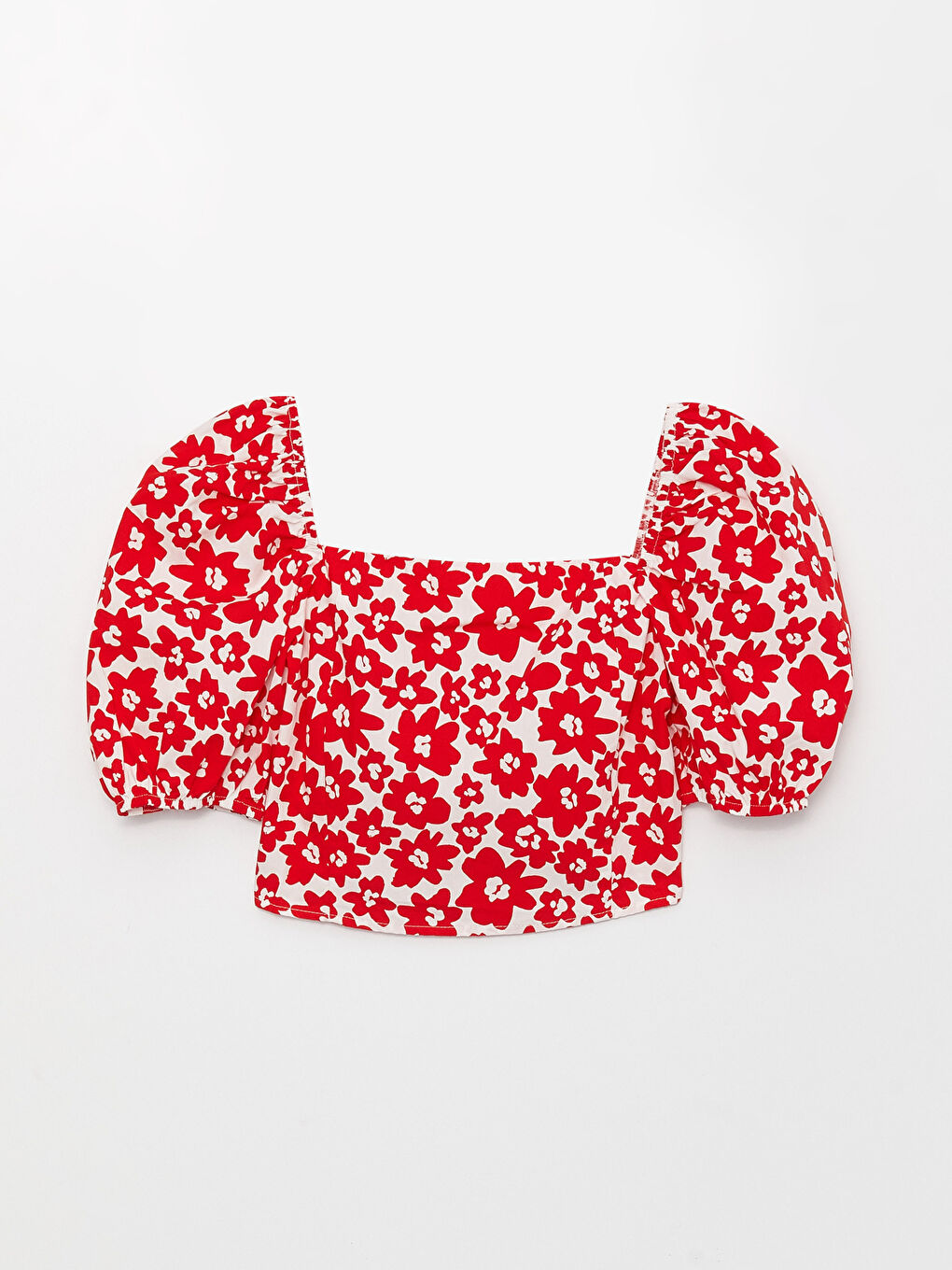 Kırmızı Kare Yaka Çiçekli Balon Kollu Crop Kadın Bluz-5