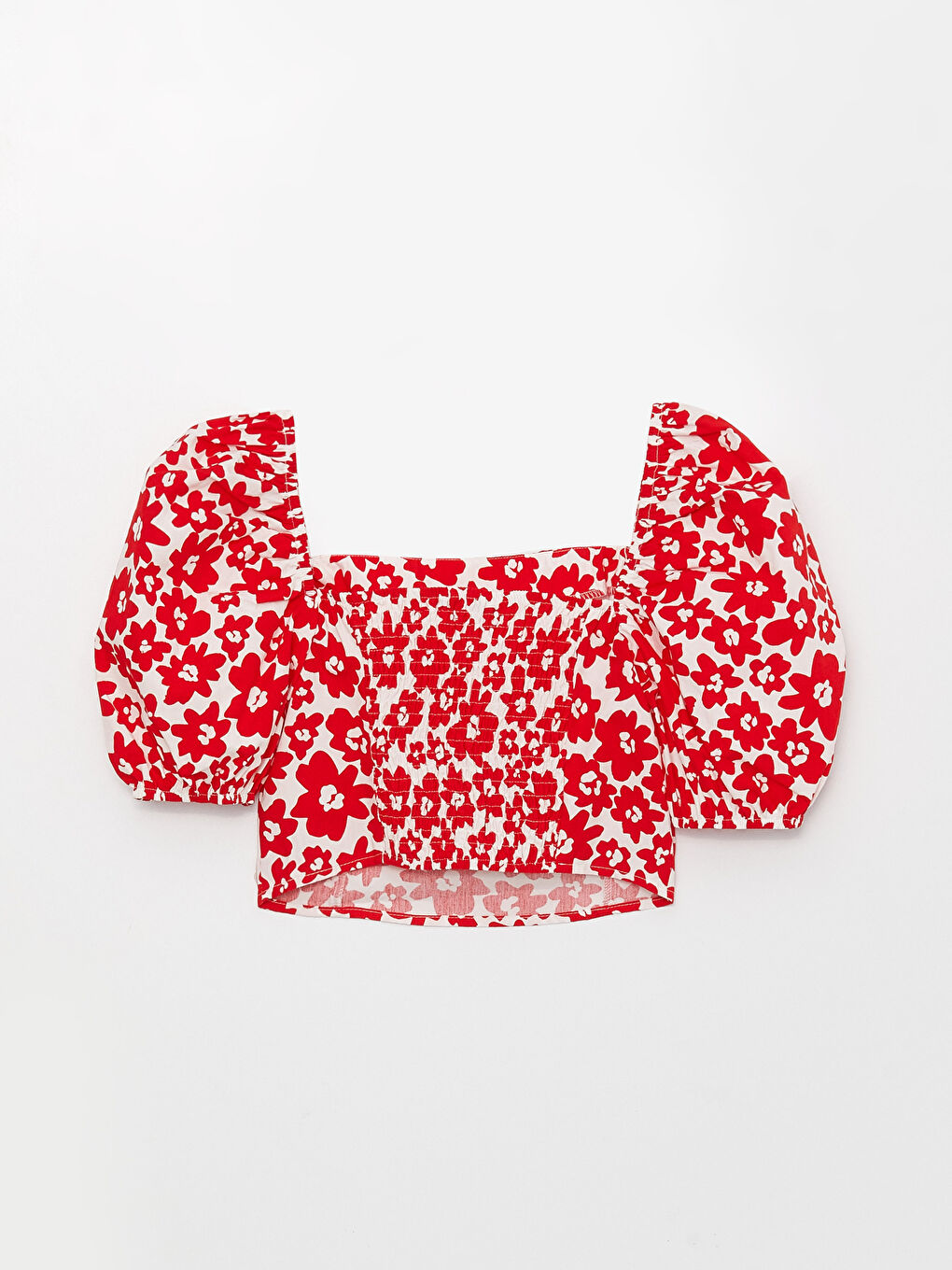 Kırmızı Kare Yaka Çiçekli Balon Kollu Crop Kadın Bluz-6
