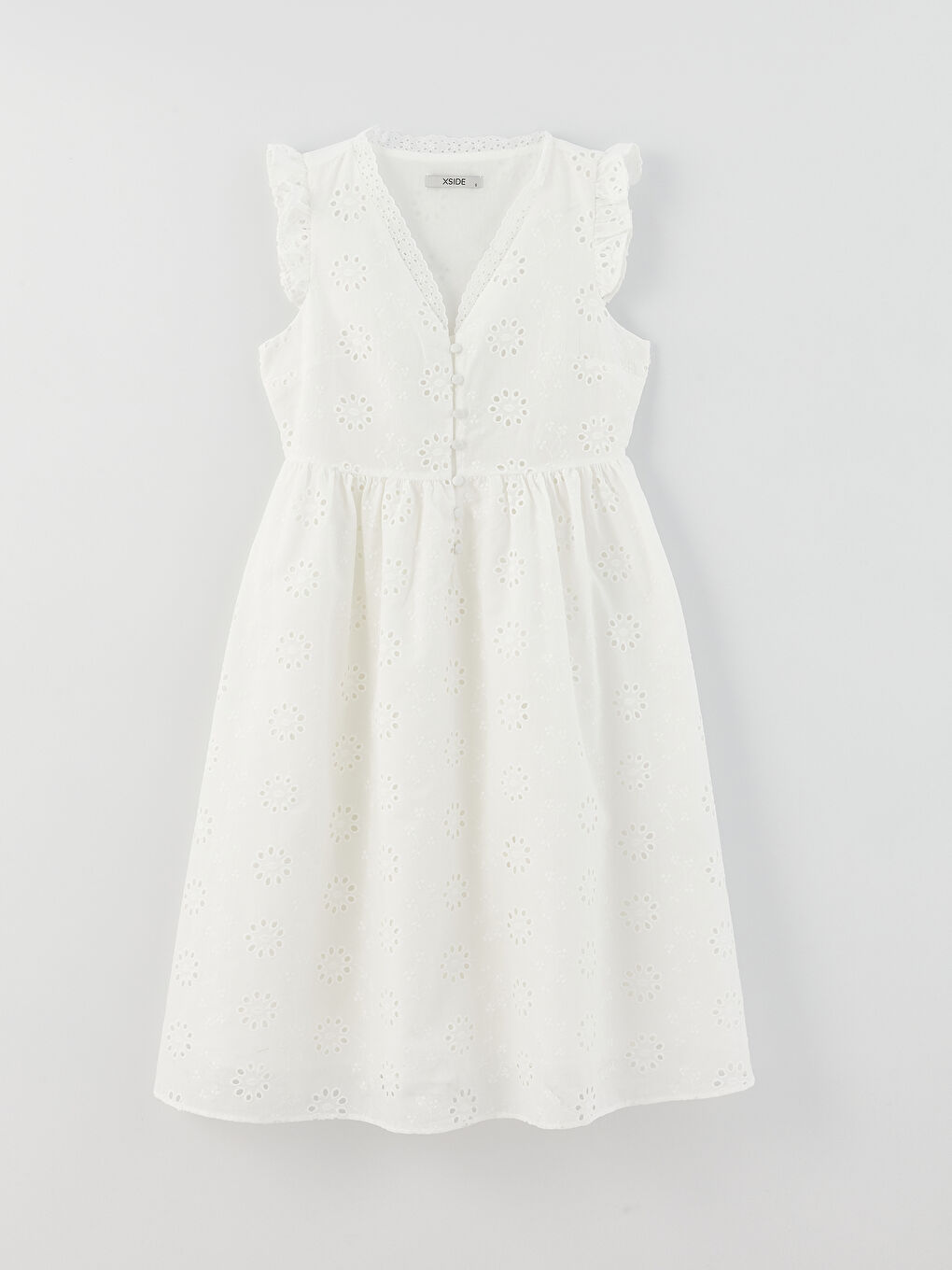 Beyaz V Yaka Kendinden Desenli Brode Kadın Elbise-5