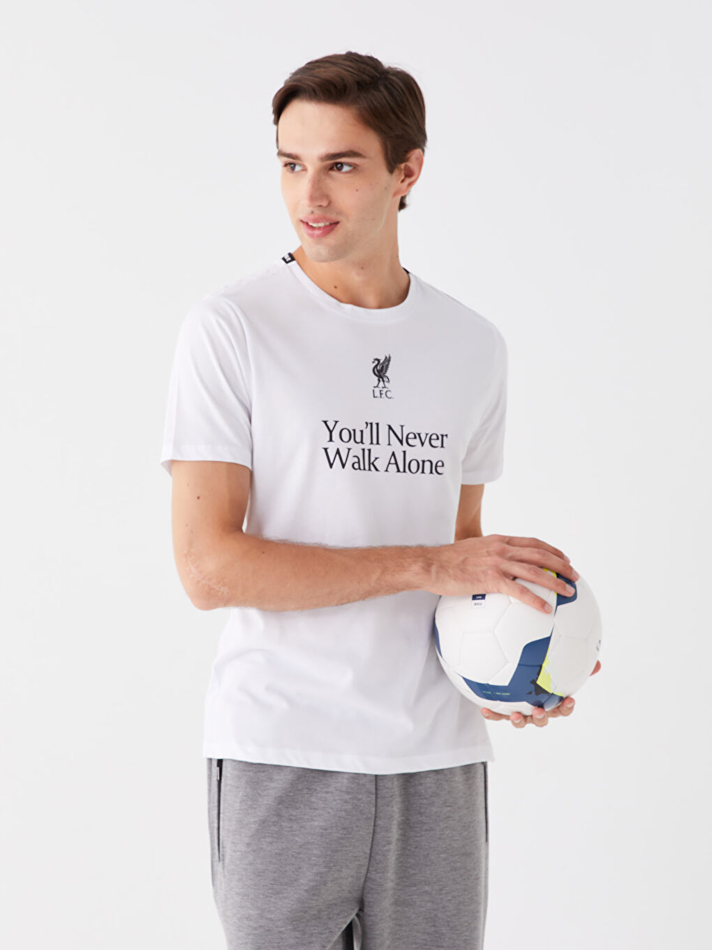 Beyaz Bisiklet Yaka Kısa Kollu Liverpool Baskılı Erkek Taraftar Tişört