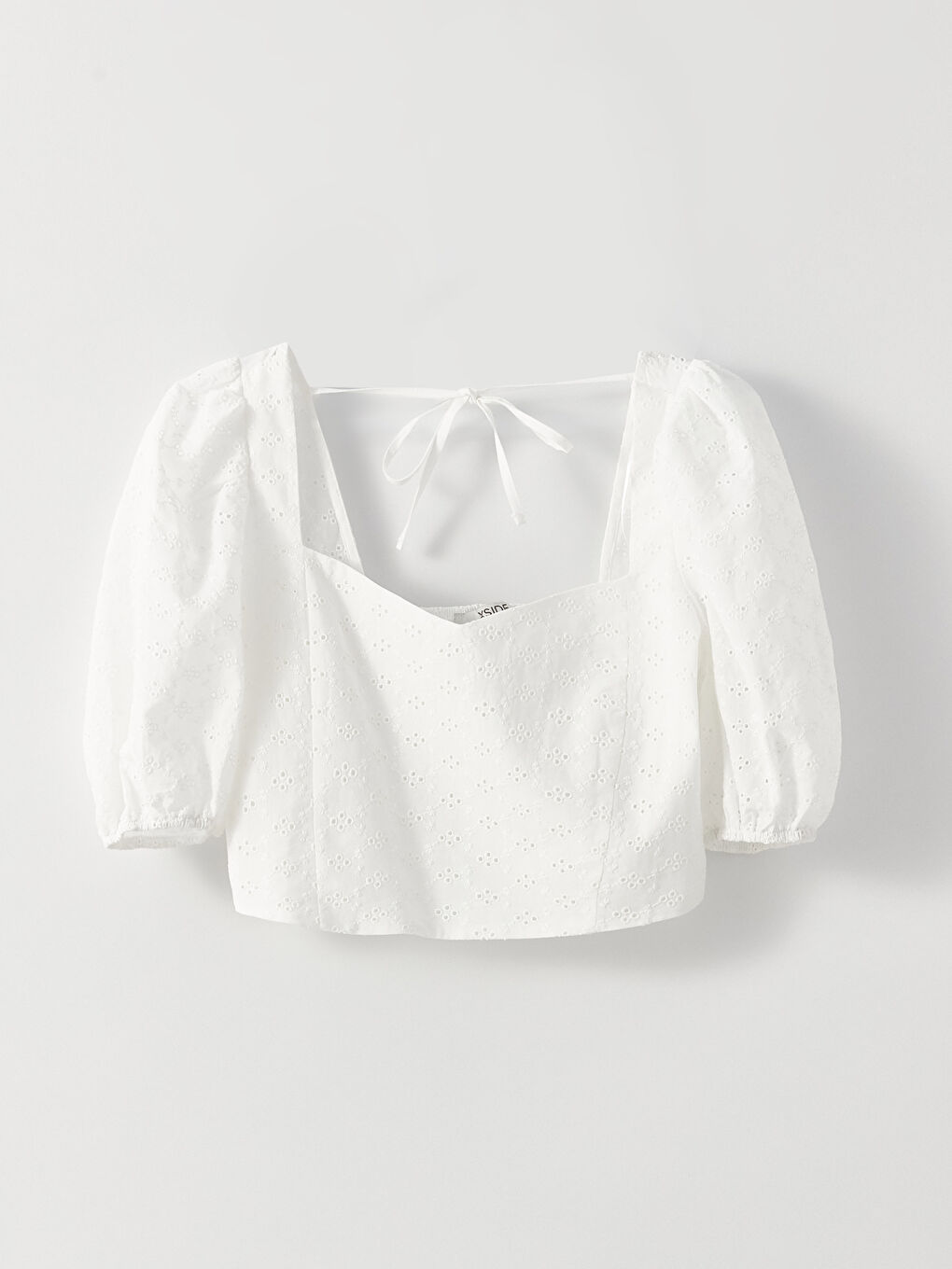 Әйелдерге арналған жүрек пішінді жаға өз өрнекті баллон жең қысқартылған блузка-6