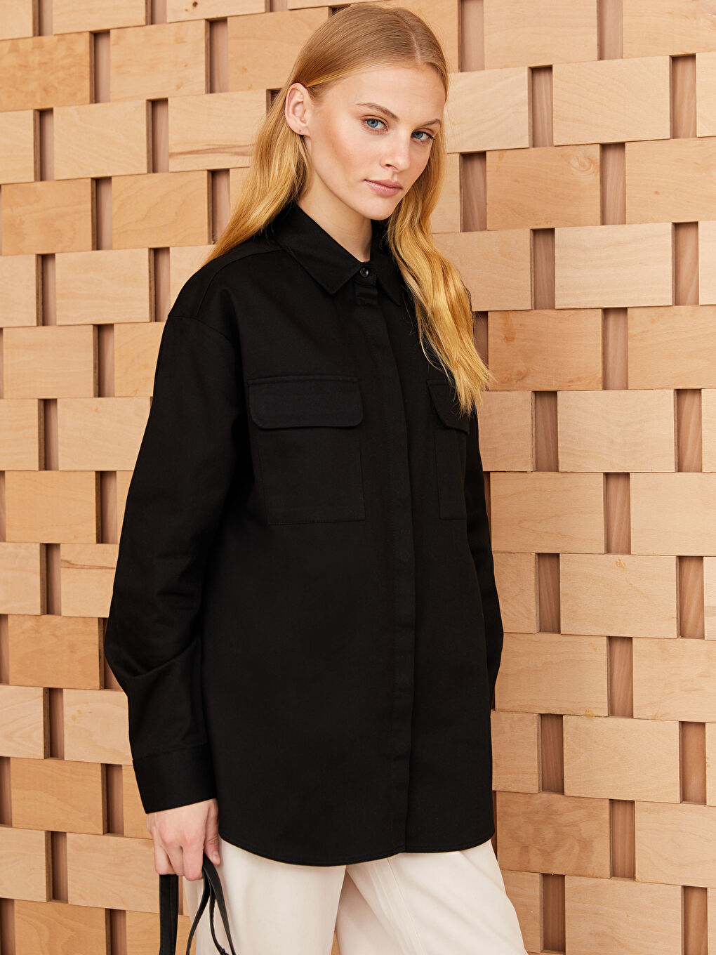 Siyah Düz Uzun Kollu Gabardin Kadın Gömlek Tunik-1