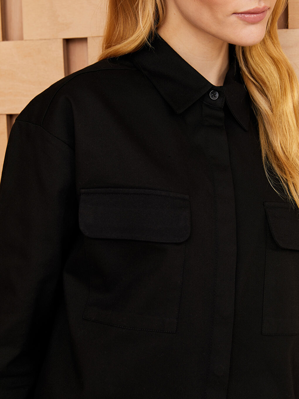 Siyah Düz Uzun Kollu Gabardin Kadın Gömlek Tunik-3