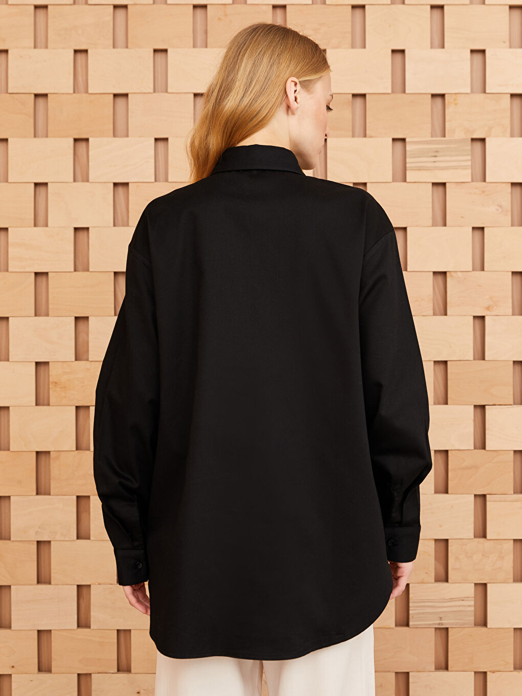 Siyah Düz Uzun Kollu Gabardin Kadın Gömlek Tunik-4