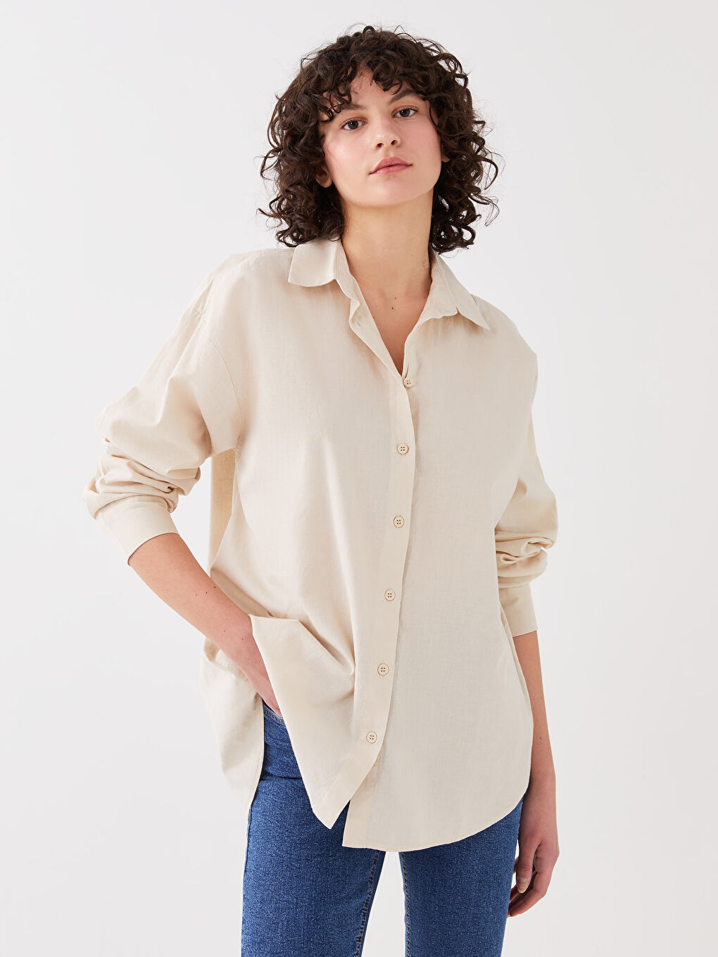Bej Düz Uzun Kollu Kadın Gömlek
