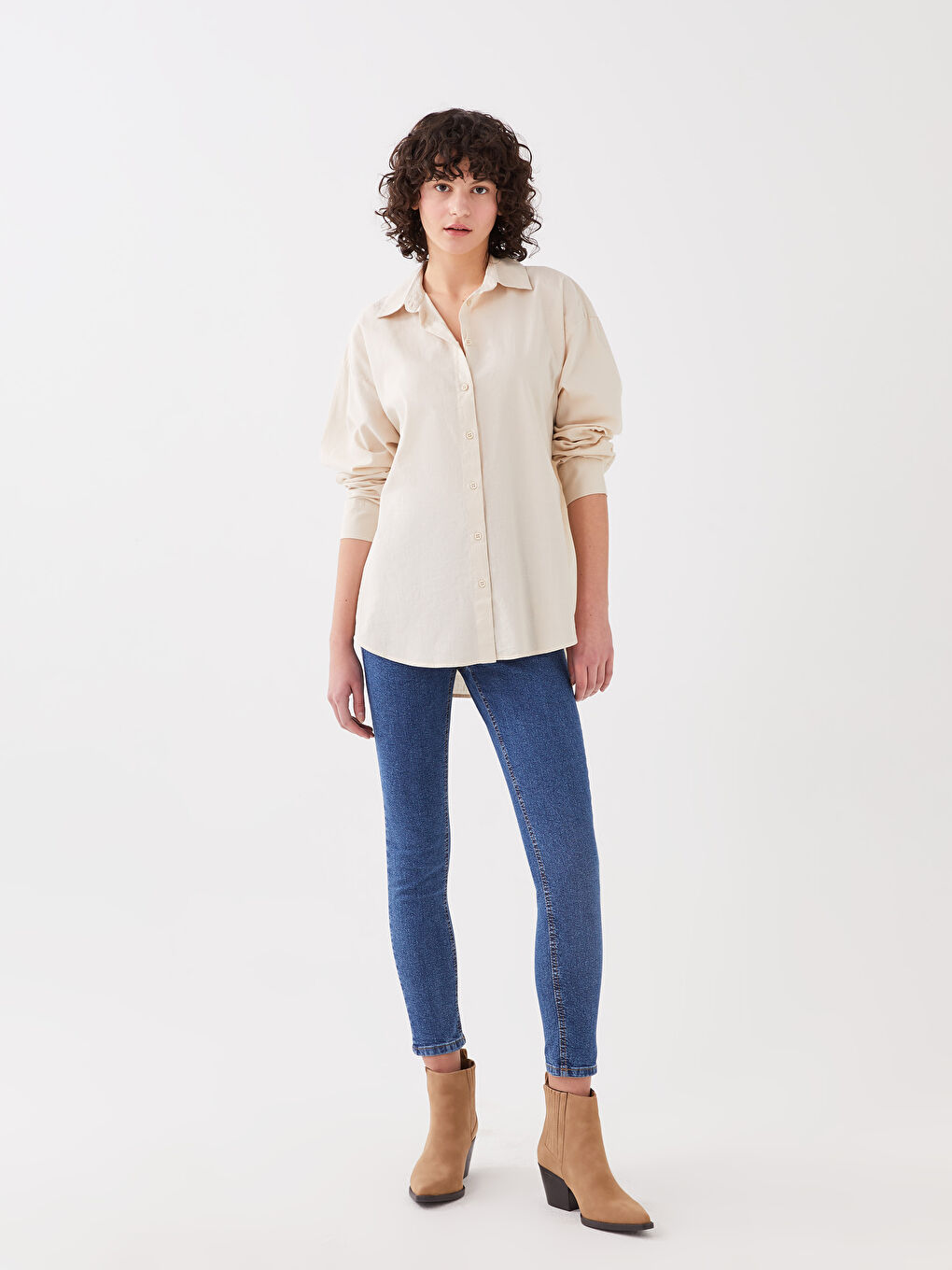 Bej Düz Uzun Kollu Kadın Gömlek-2