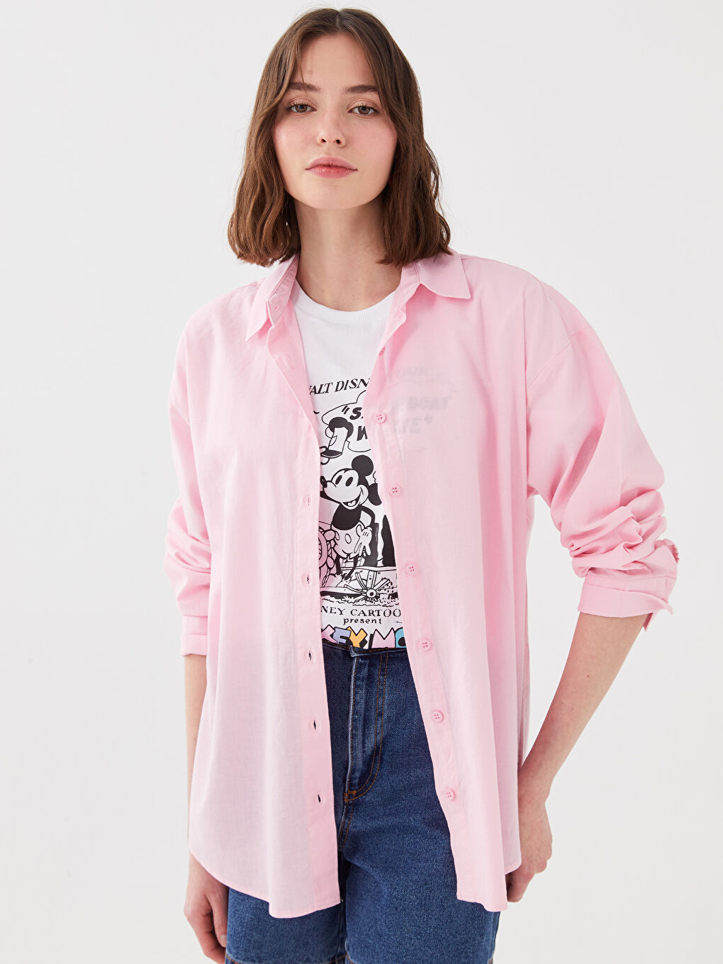 Pembe Düz Uzun Kollu Kadın Gömlek