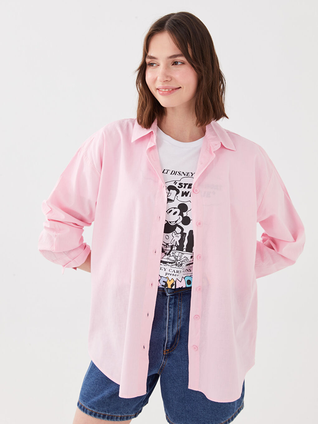 Pembe Düz Uzun Kollu Kadın Gömlek-1