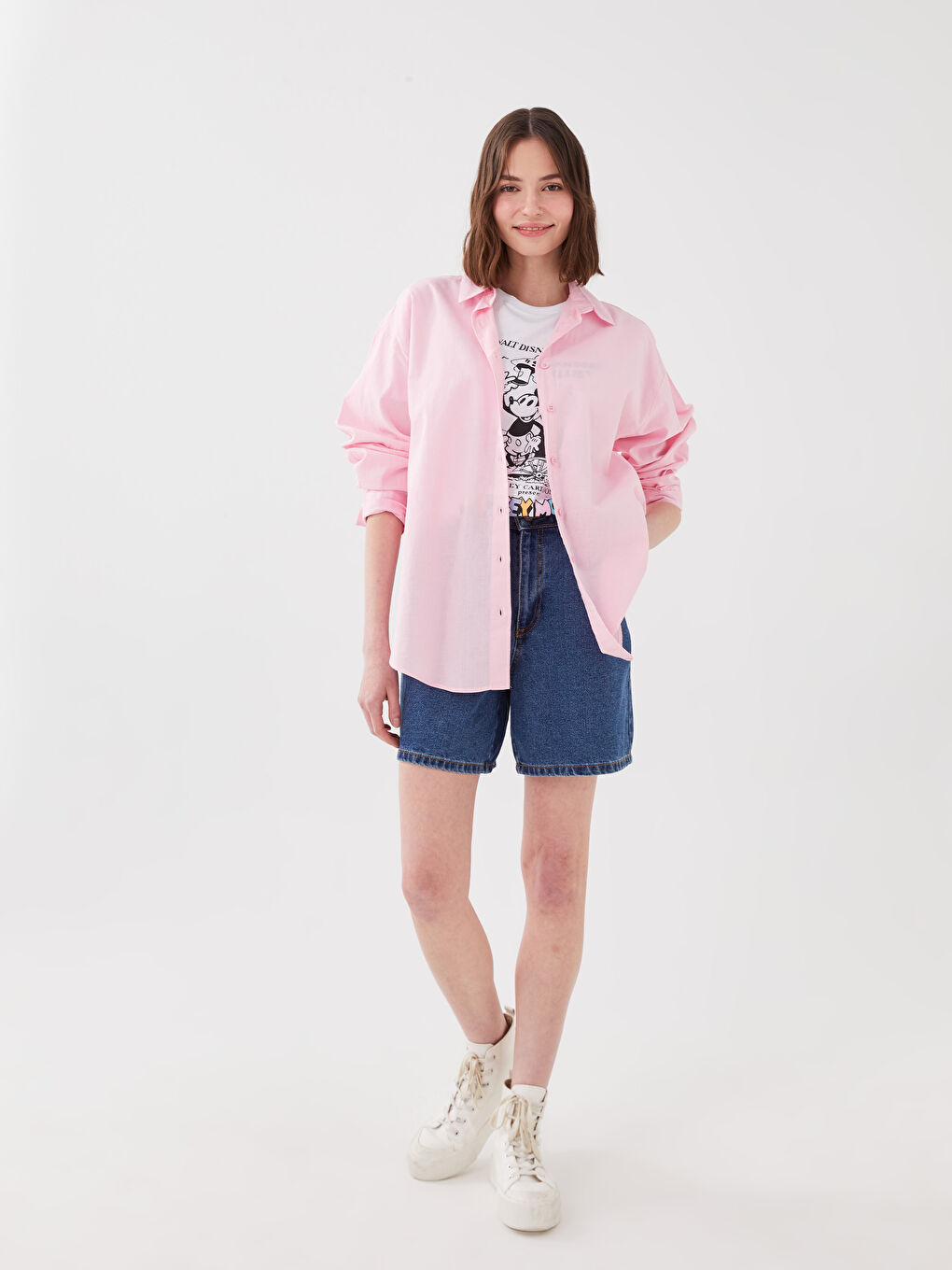 Pembe Düz Uzun Kollu Kadın Gömlek-2