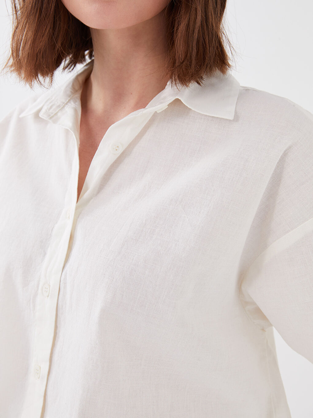 Beyaz Düz Uzun Kollu Kadın Gömlek-6