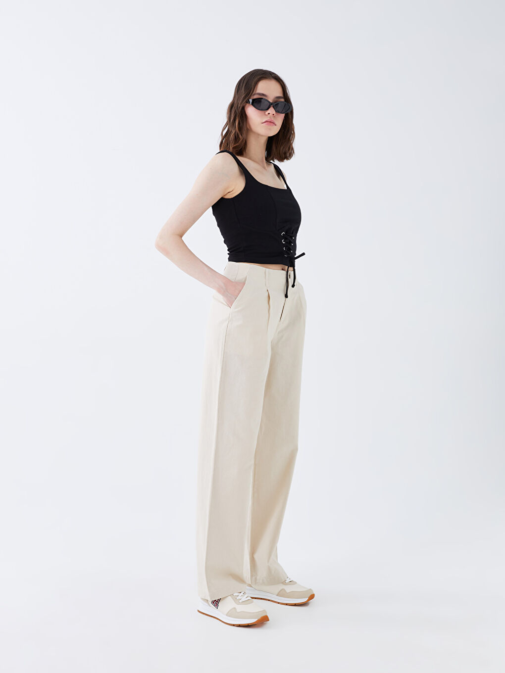 Bej Kadın Yüksek Bel Wideleg Keten Pantolon-1