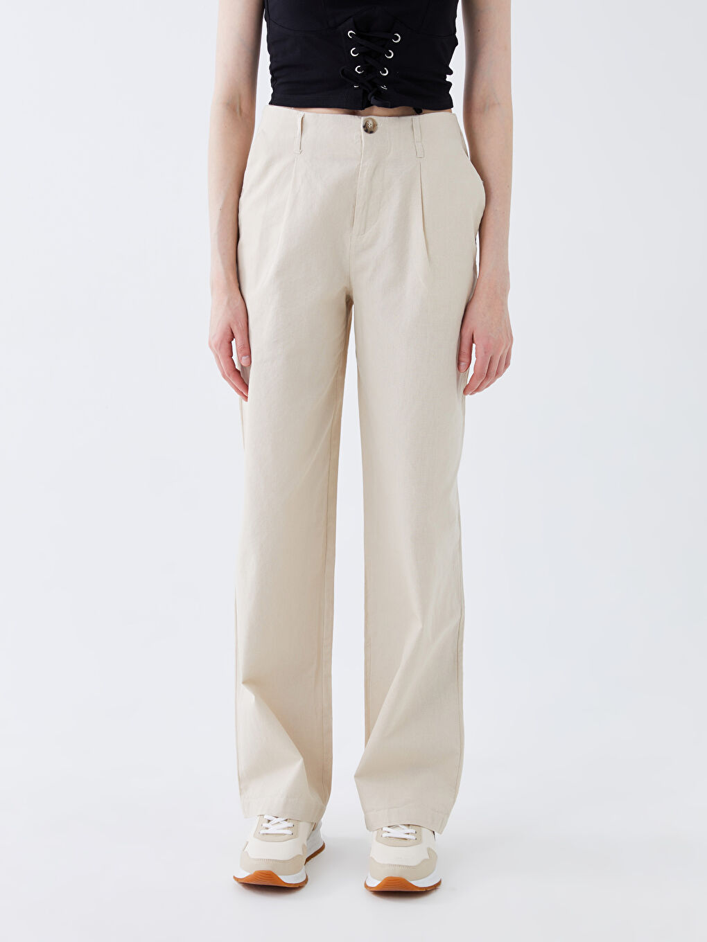 Bej Kadın Yüksek Bel Wideleg Keten Pantolon-3