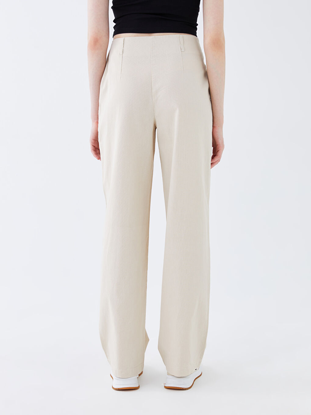 Bej Kadın Yüksek Bel Wideleg Keten Pantolon-4