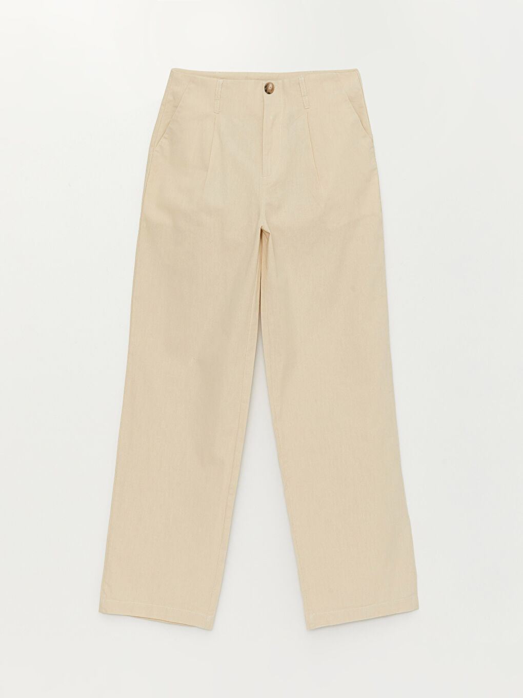 Bej Kadın Yüksek Bel Wideleg Keten Pantolon-5