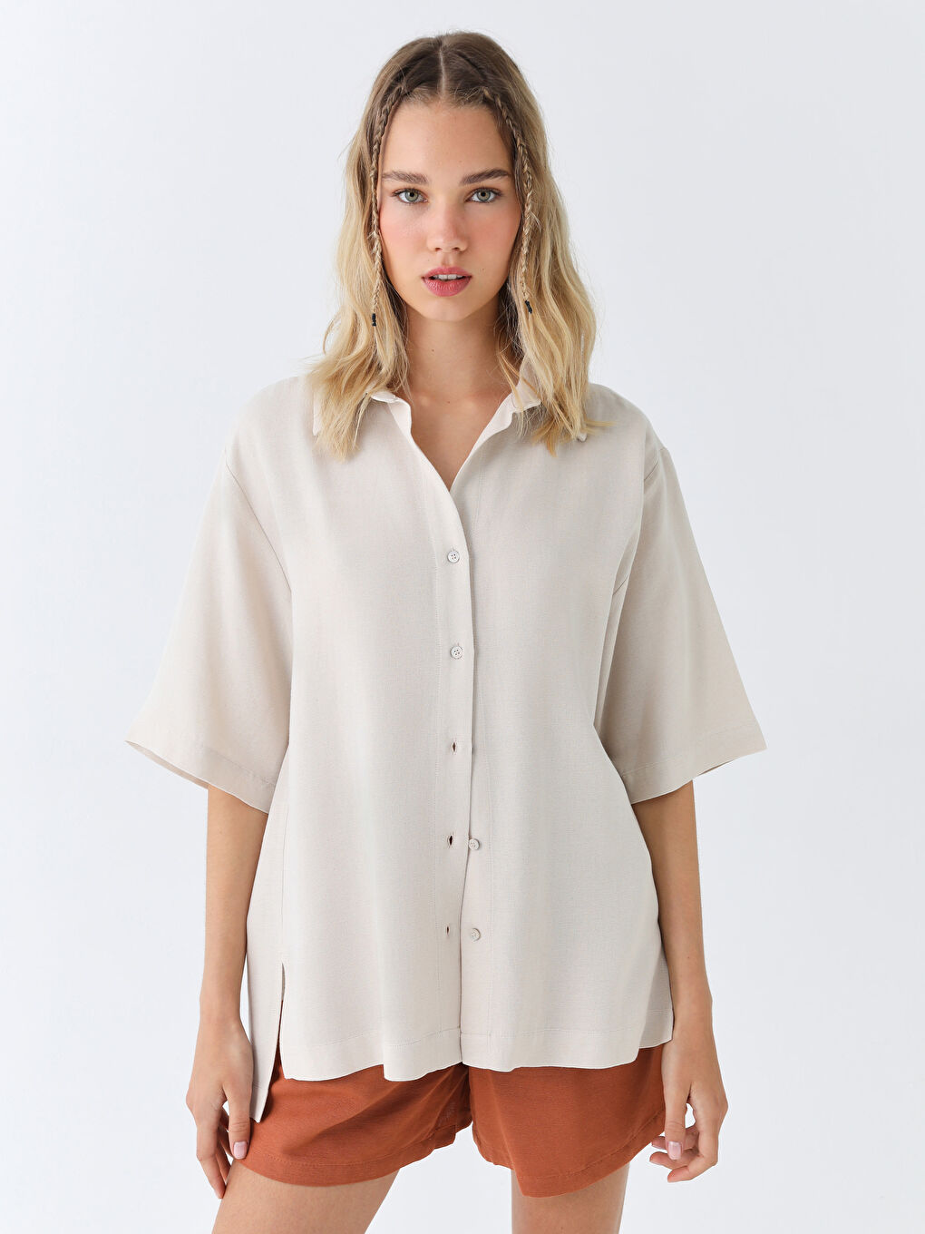 Plain Short Sleeve Oversize Linen Blend Women's Shirt-1