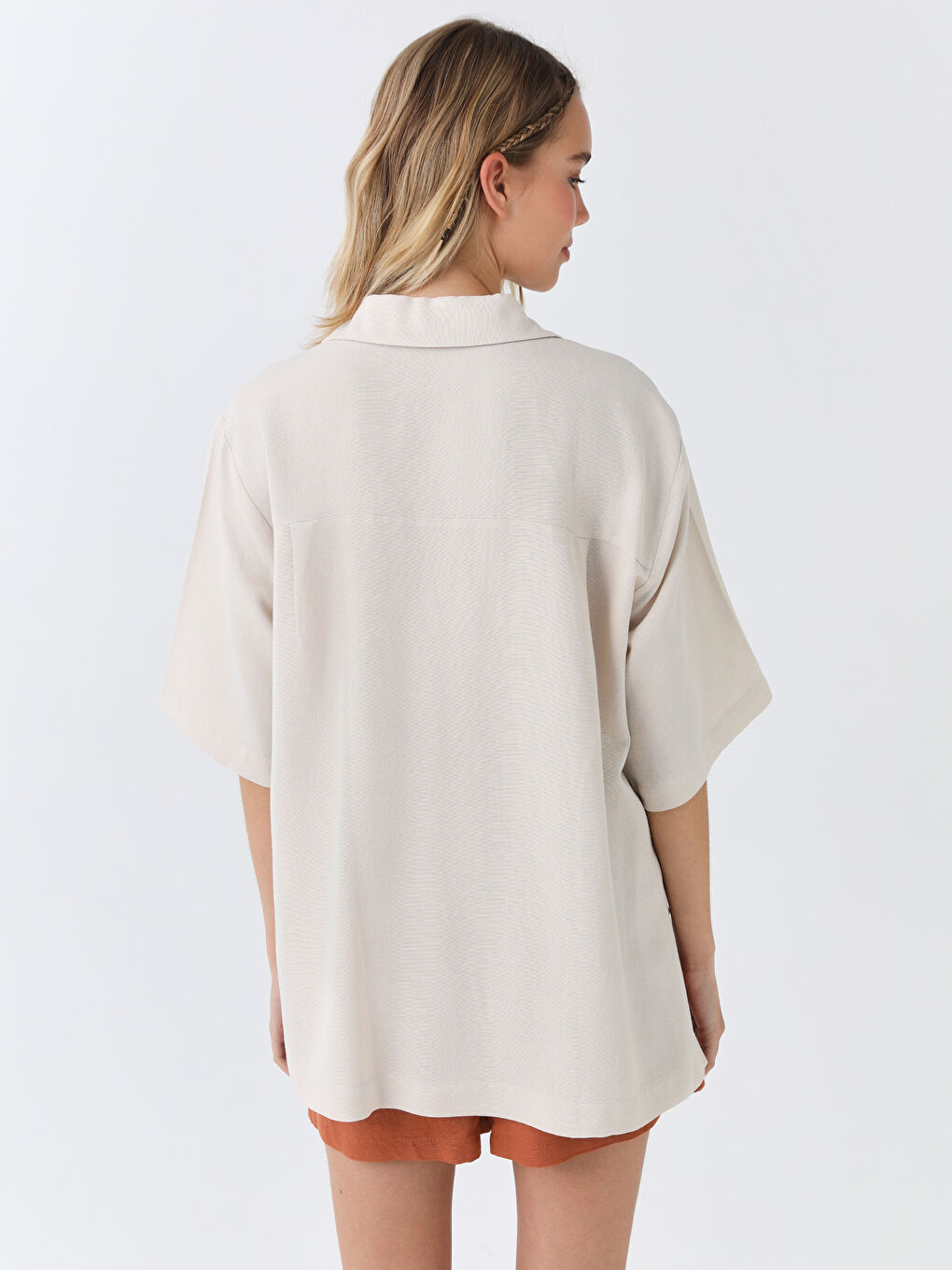 Plain Short Sleeve Oversize Linen Blend Women's Shirt-4