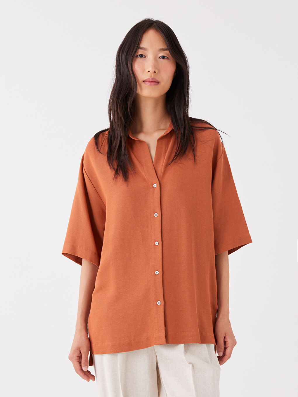 Plain Short Sleeve Oversize Linen Blend Women's Shirt
