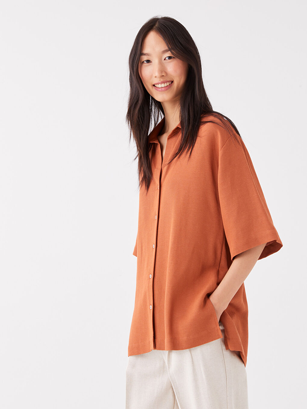 Plain Short Sleeve Oversize Linen Blend Women's Shirt-1