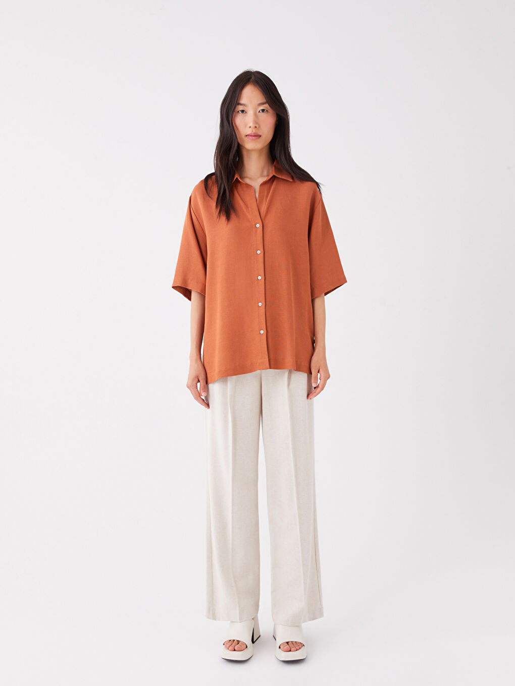 Plain Short Sleeve Oversize Linen Blend Women's Shirt-2