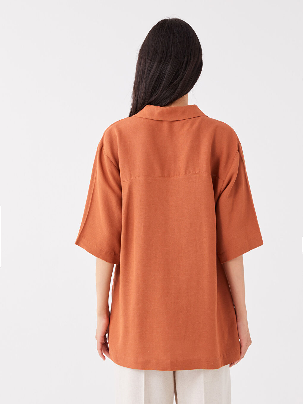 Plain Short Sleeve Oversize Linen Blend Women's Shirt-4