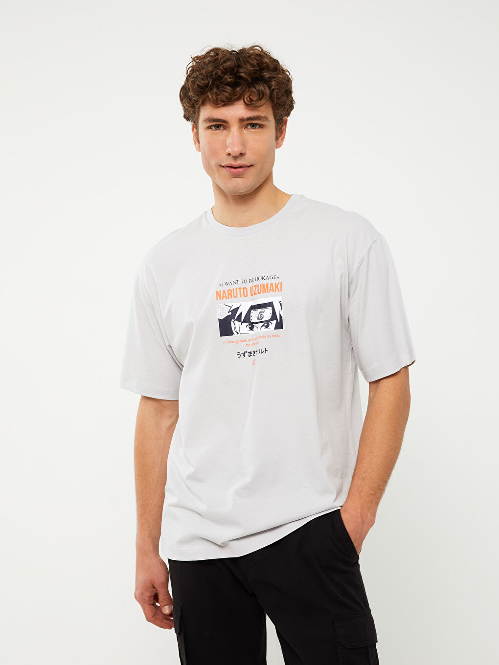 Gri Bisiklet Yaka Kısa Kollu Naruto Baskılı Penye Erkek Tişört-1