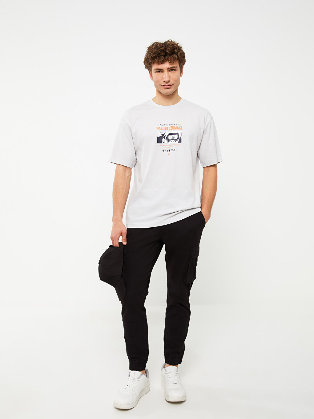 Gri Bisiklet Yaka Kısa Kollu Naruto Baskılı Penye Erkek Tişört-2