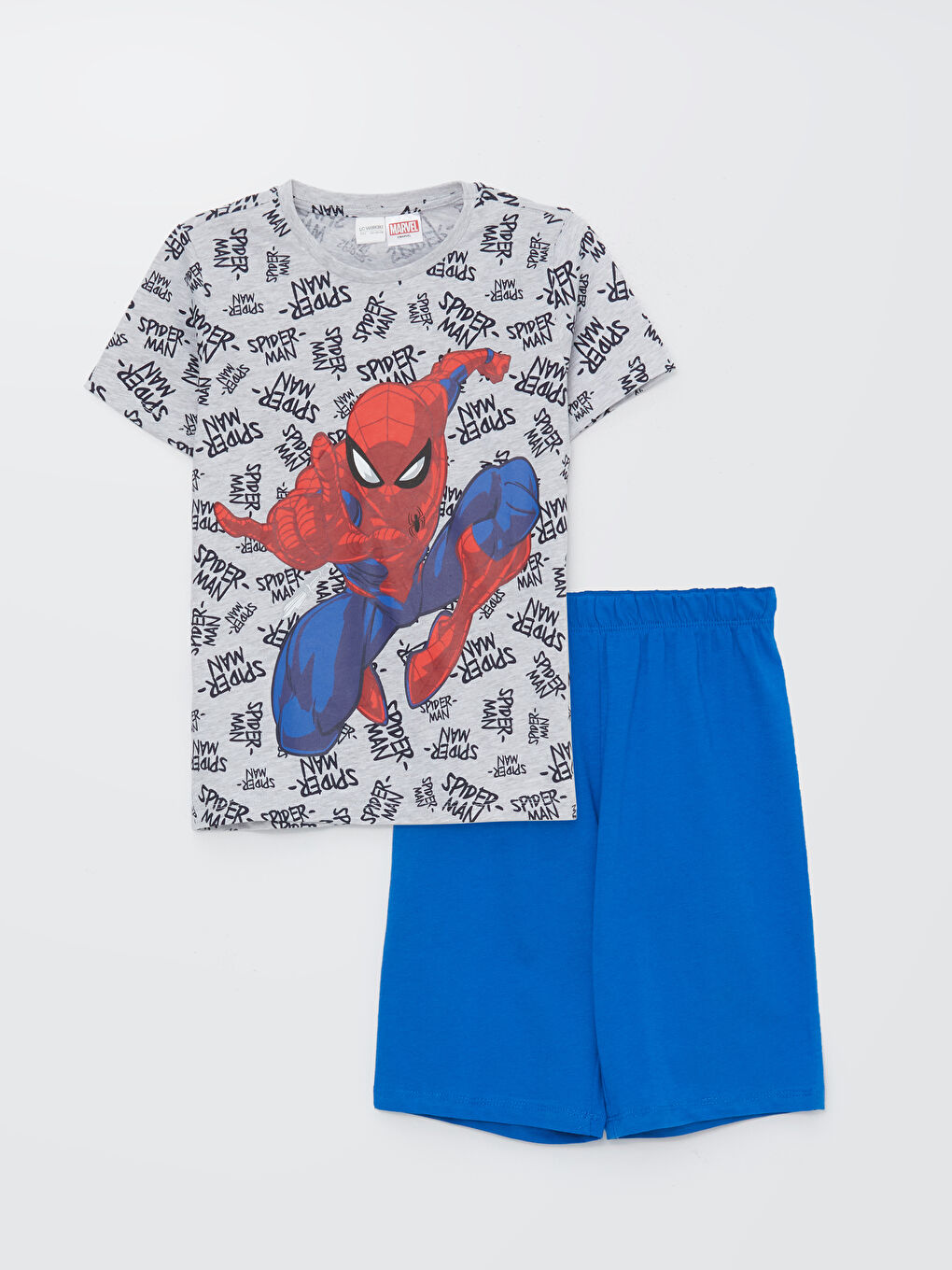 Gri Bisiklet Yaka Spider-Man Baskılı Kısa Kollu Erkek Çocuk Şortlu Pijama Takımı