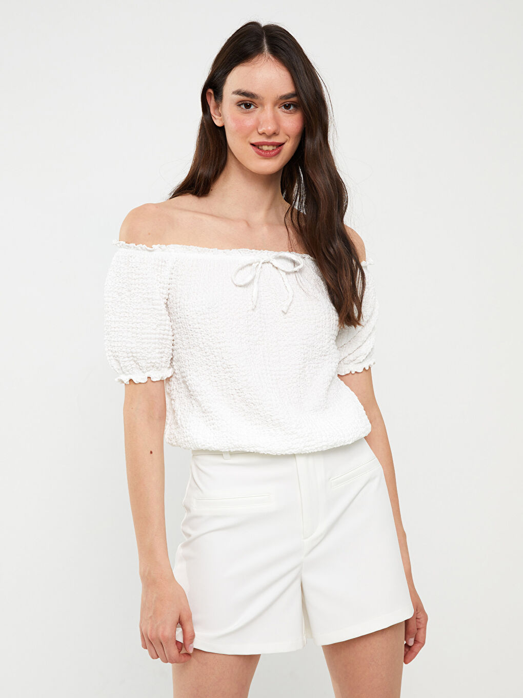 Ekru Kayık Yaka Kadın Bluz-1