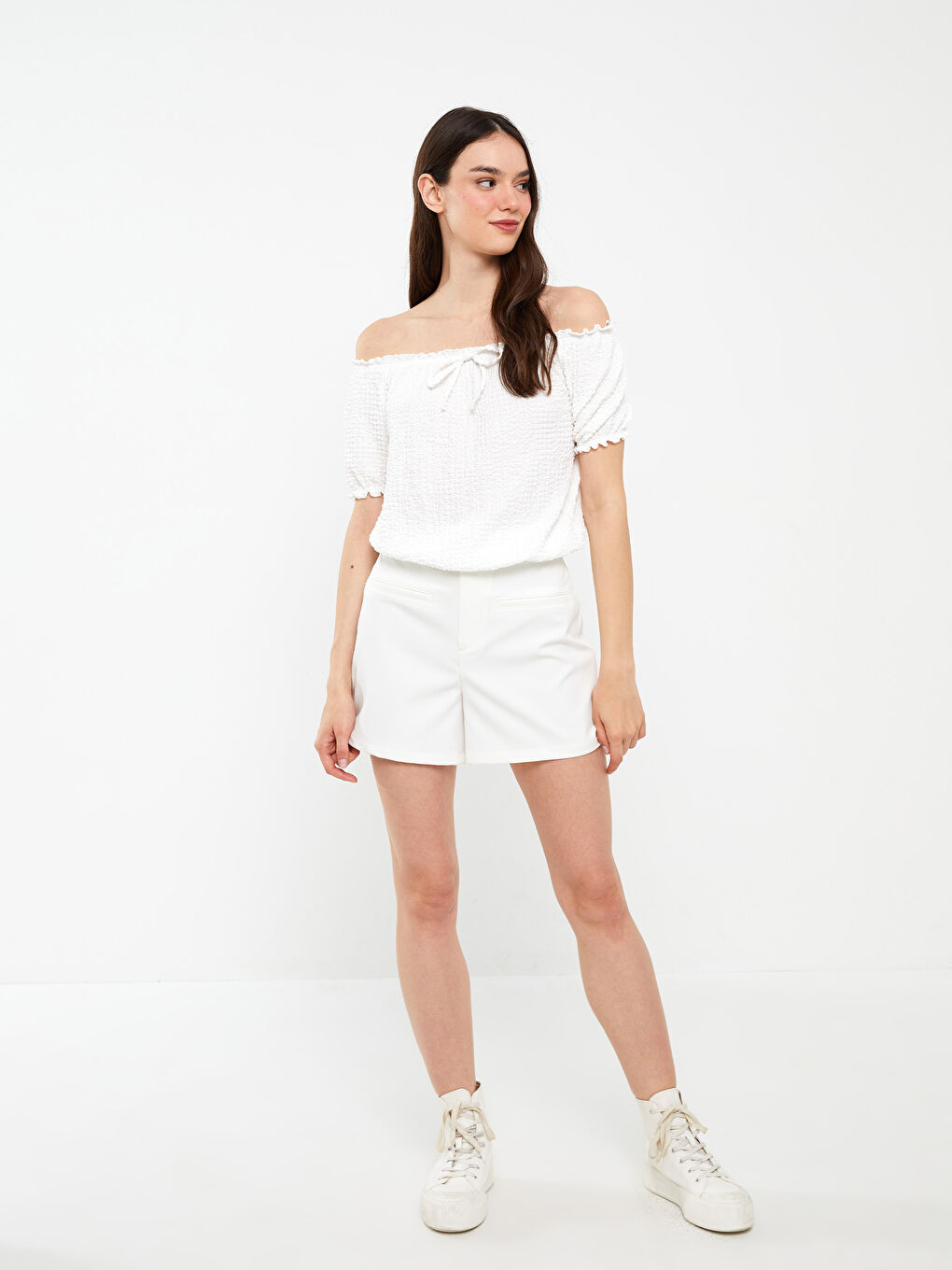 Ekru Kayık Yaka Kadın Bluz-2