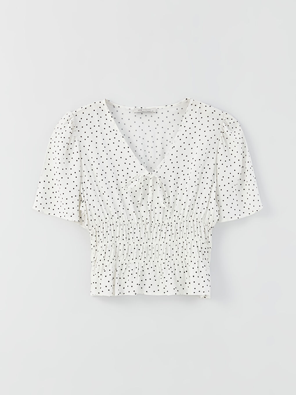 Ekru V Yaka Puantiyeli Kısa Kollu Oversize Kadın Bluz-5