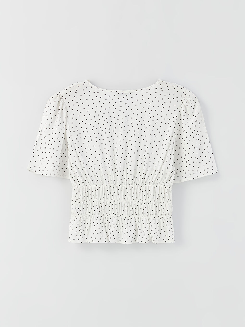 Ekru V Yaka Puantiyeli Kısa Kollu Oversize Kadın Bluz-6