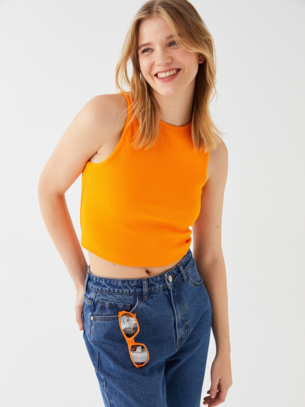 Turuncu Kadın Bisiklet Yaka Düz Crop