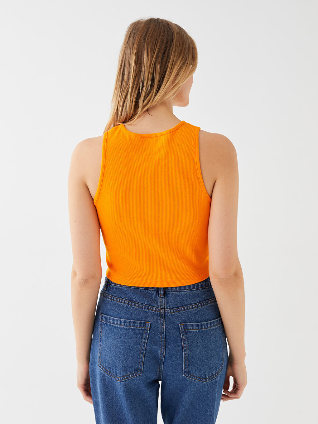 Turuncu Kadın Bisiklet Yaka Düz Crop-3