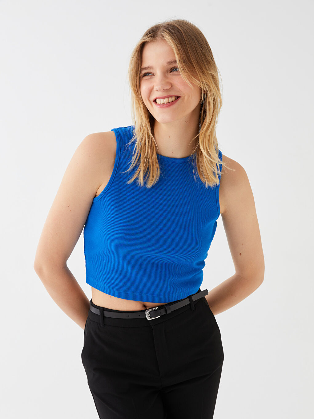 Mavi Kadın Bisiklet Yaka Düz Crop