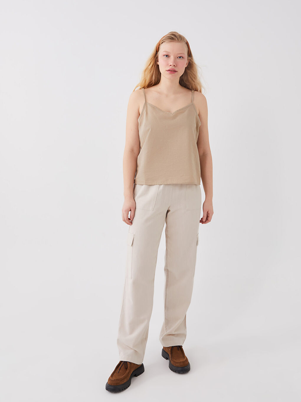 Әйелдерге арналған зығыр қоспасы v жағалы бауы бар блузка-2