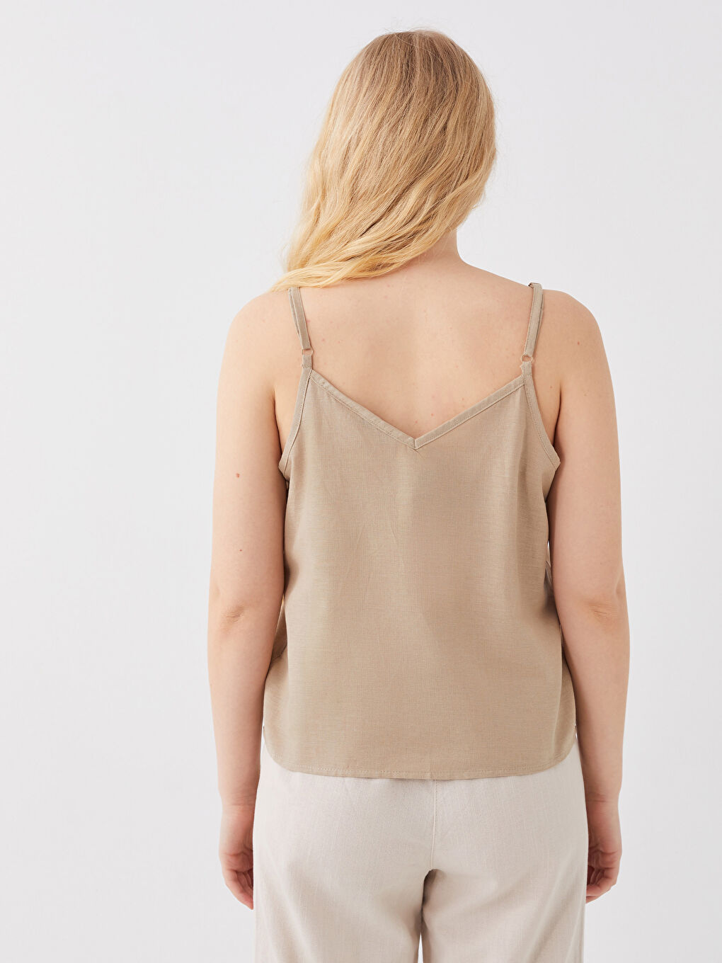 Әйелдерге арналған зығыр қоспасы v жағалы бауы бар блузка-4