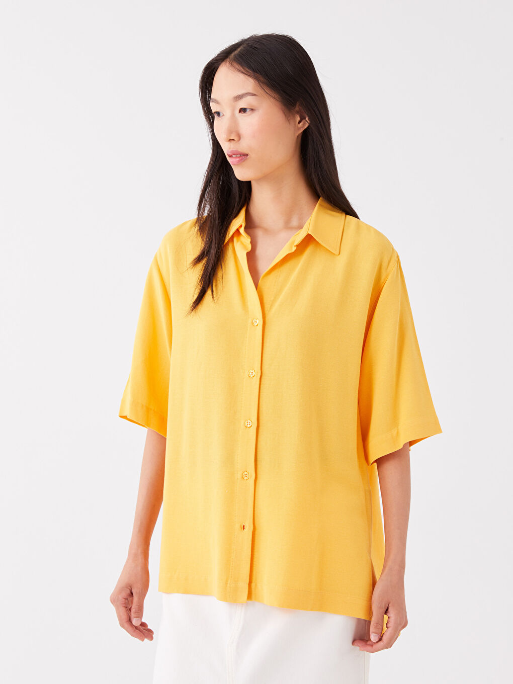 Sarı Kısa Kollu Oversize Kadın Gömlek