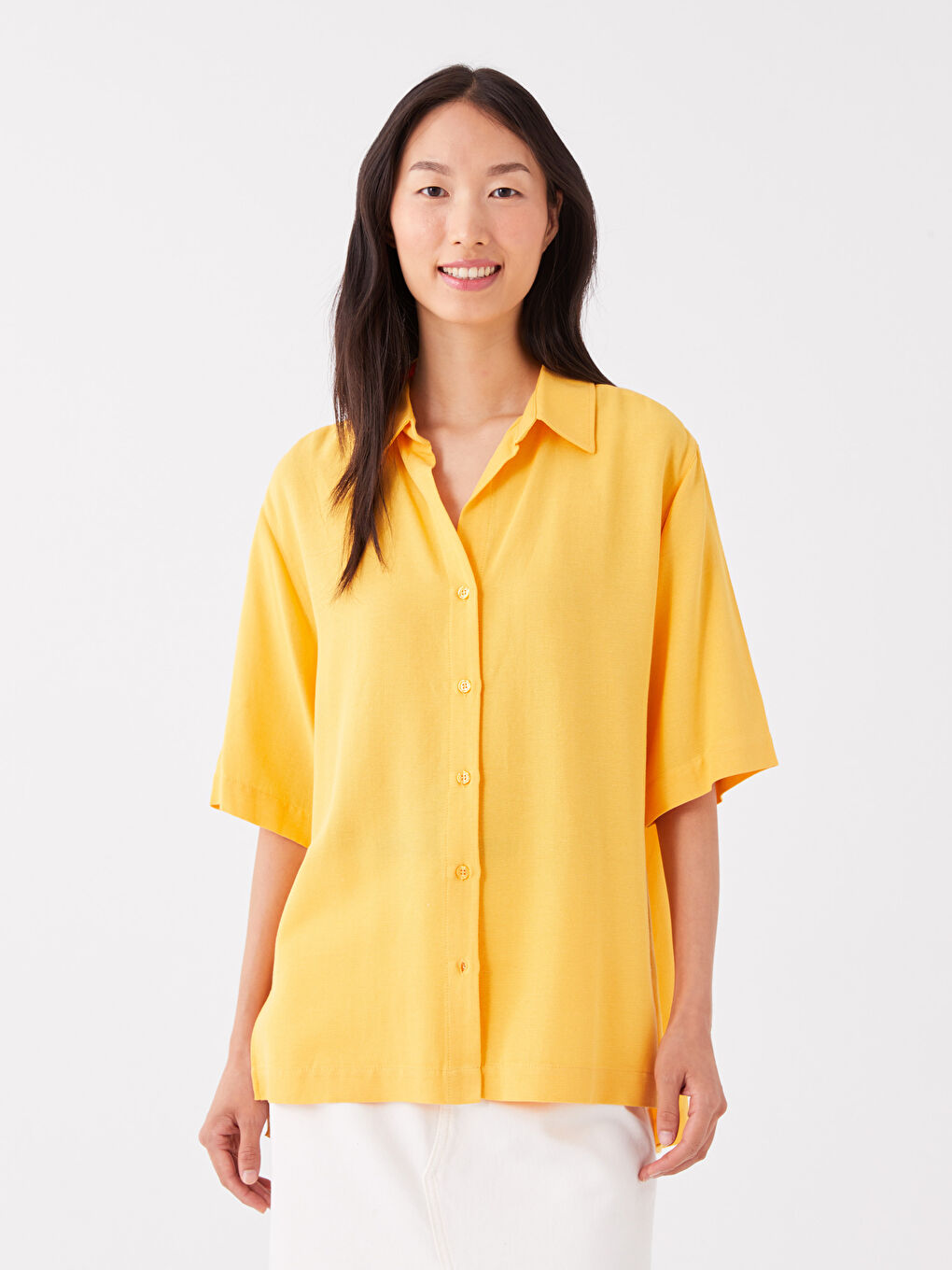 Sarı Kısa Kollu Oversize Kadın Gömlek-1