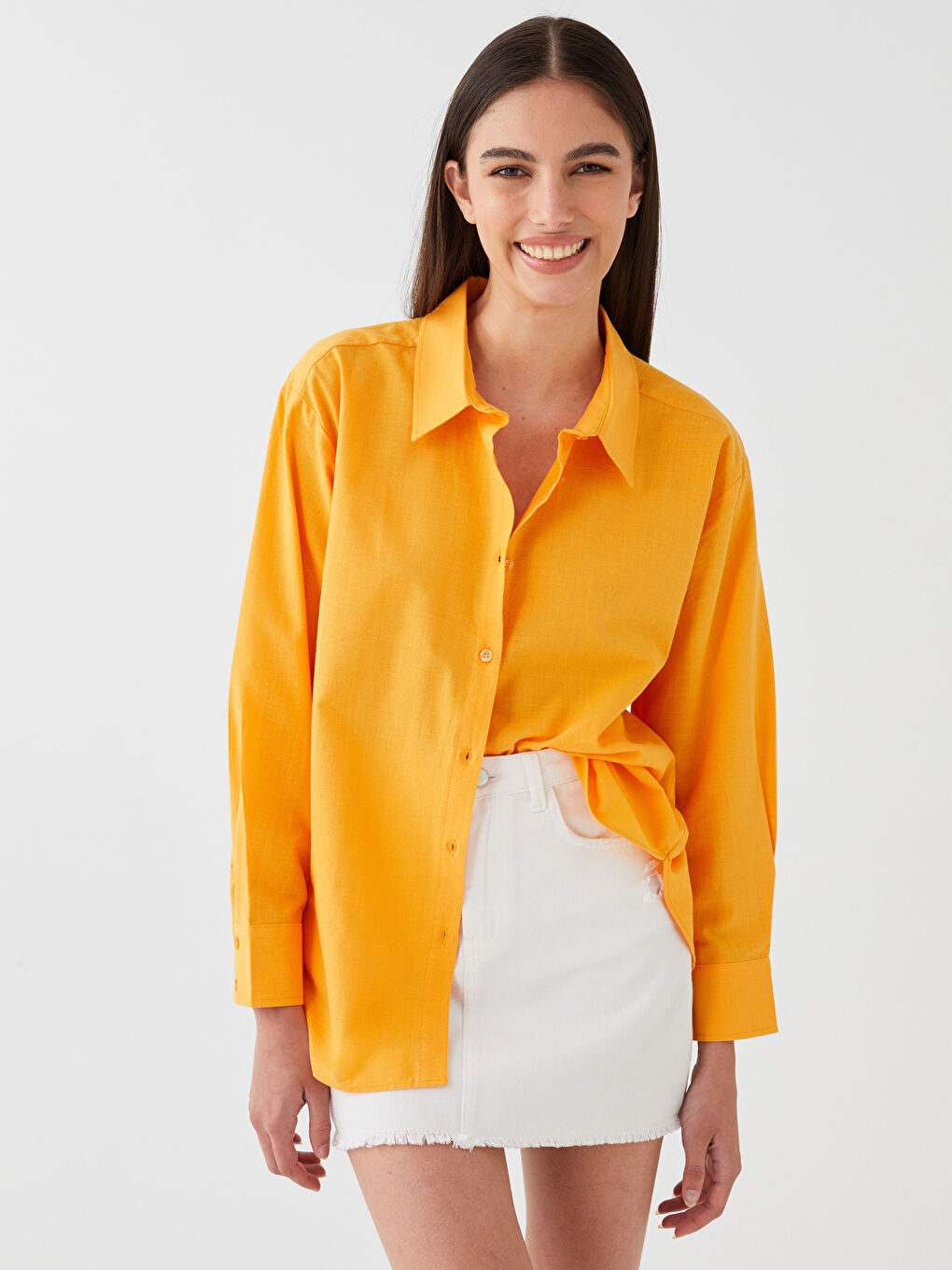 Turuncu Düz Uzun Kollu Oversize Kadın Gömlek