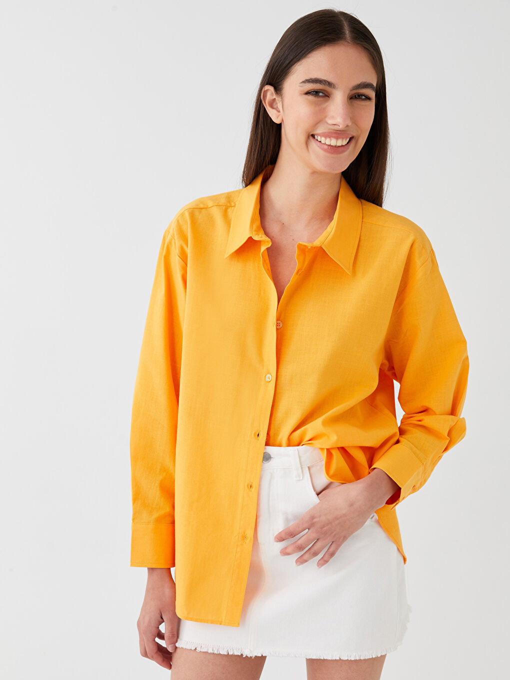 Turuncu Düz Uzun Kollu Oversize Kadın Gömlek-1