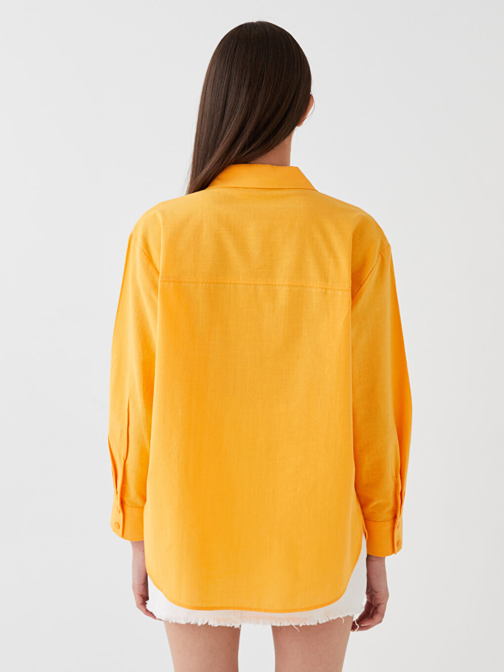 Turuncu Düz Uzun Kollu Oversize Kadın Gömlek-4