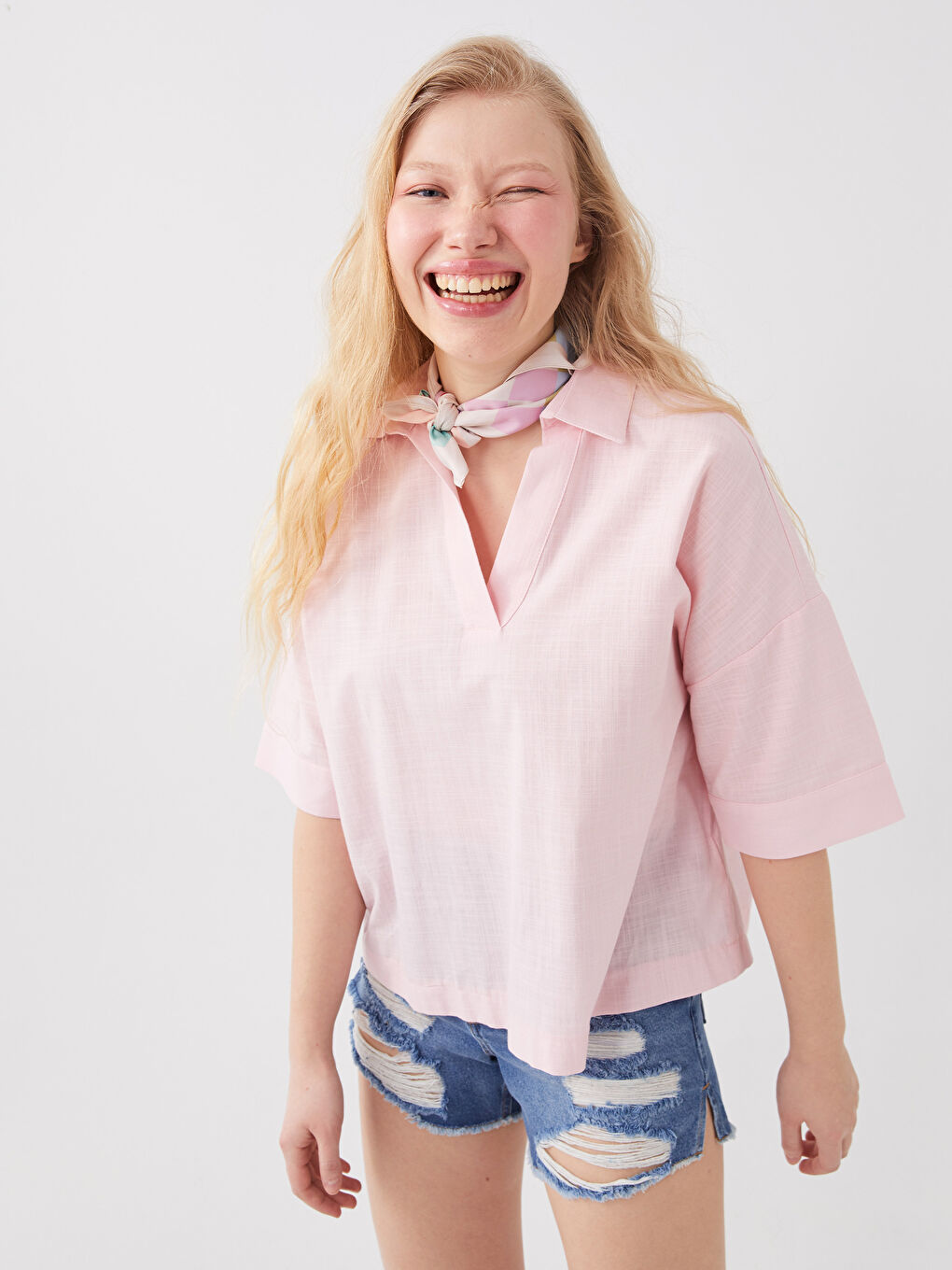 Pembe Gömlek Yaka Düz Kısa Kollu Oversize Kadın Bluz-1